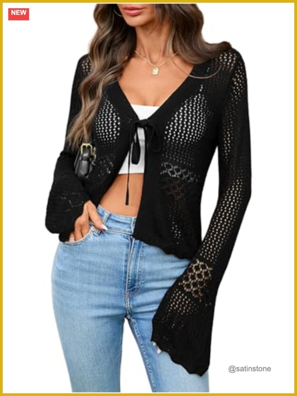 Crochet Tie Front Cardigan Bell Sleeves Lightweight Knit Boho Shrug Sweater - Picture 1 of 6